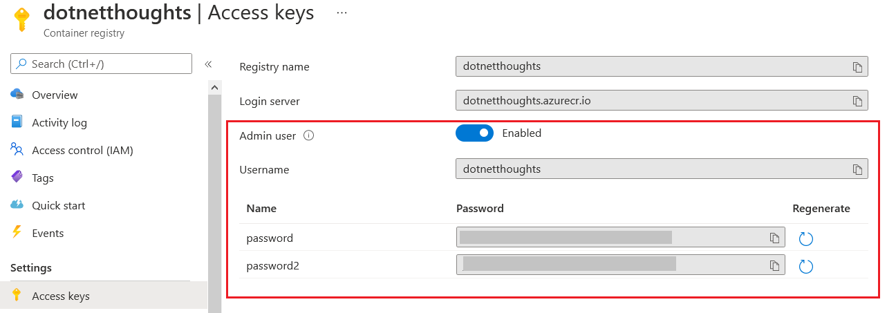 Access Key - Azure Container Registry - Admin User Enabled
