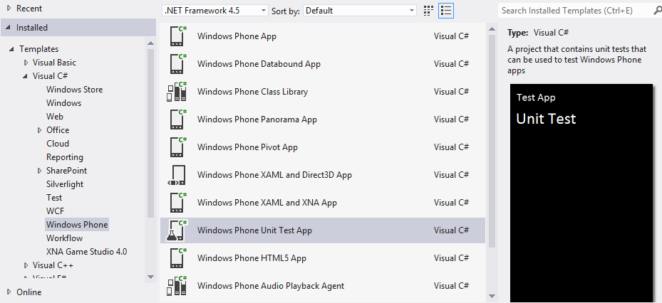 Windows Phone Unit Test App - Project Template