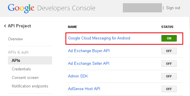 Google Developers Console - Push Notification enabled