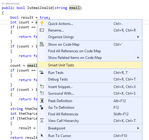 Smart Unit Tests - Context menu option