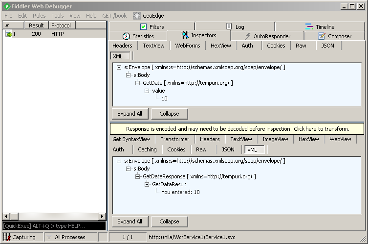 WCF Request and Response using Fiddler