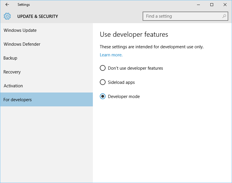 Windows 10 - Enable Developer mode
