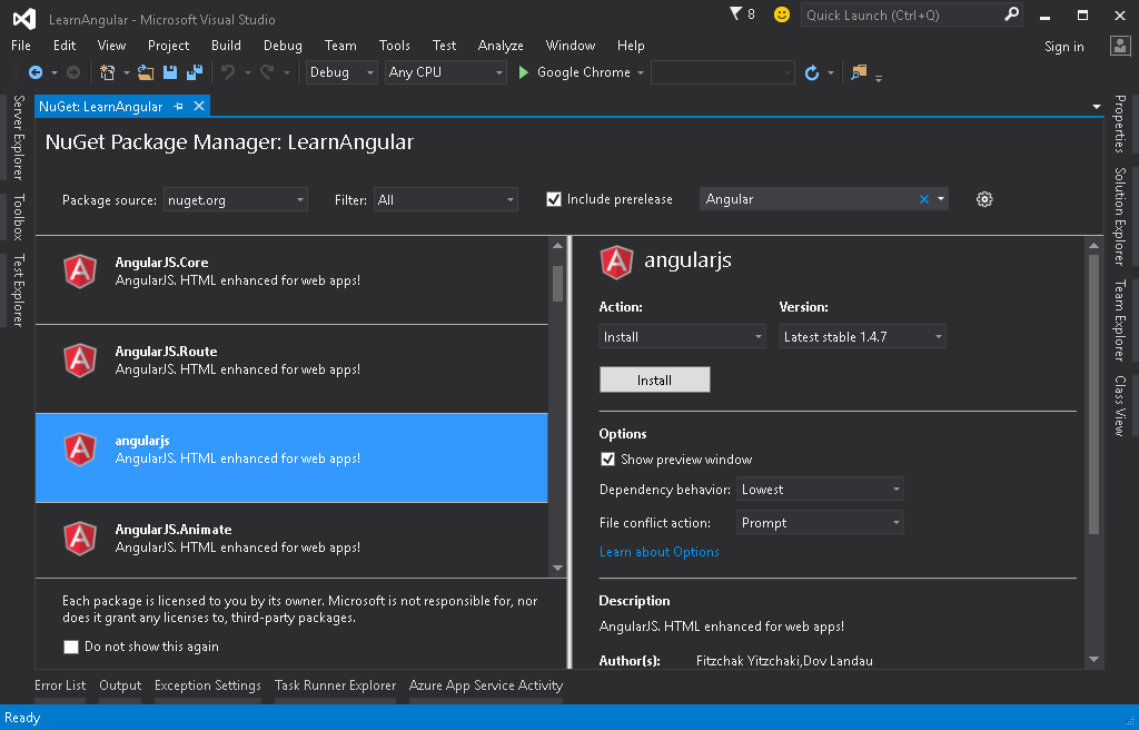 nuget package manager VS 2015