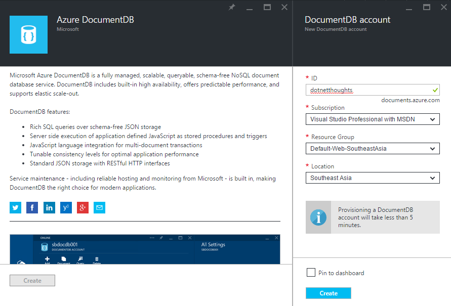 Azure Document DB - Create Account