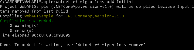dotnet ef migrations add Initial result