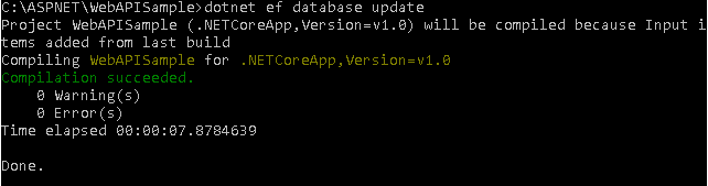 dotnet ef update database result