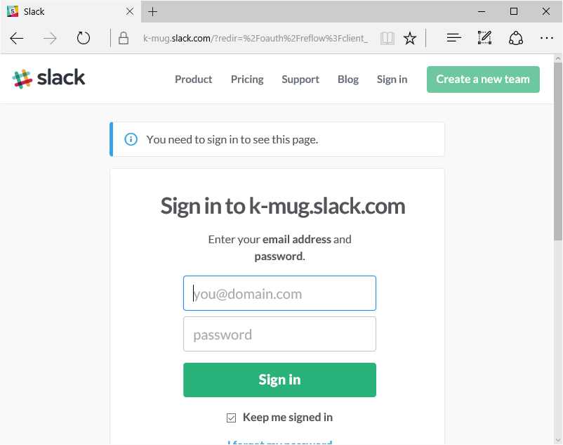 Slack Sign In Dialog with Credentials