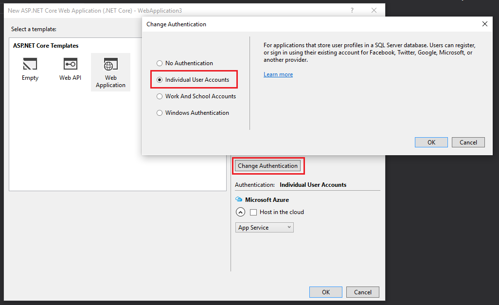 New Visual Studio project with Individual User Accounts authentication mode