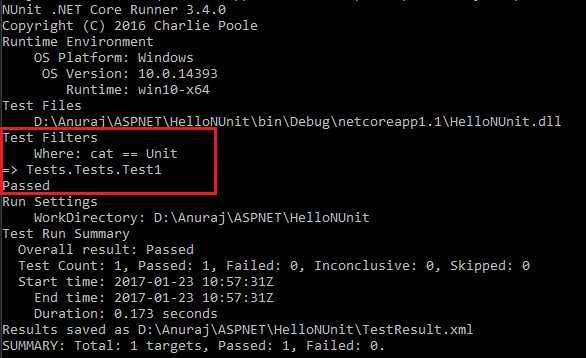 NUnit tests running on dotnet core on specific Category