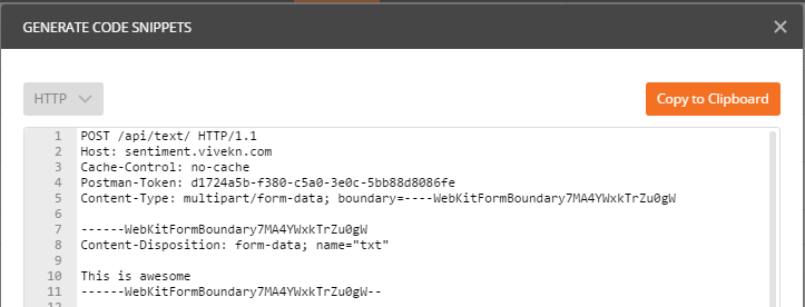 HTTP Request Code generated by Postman