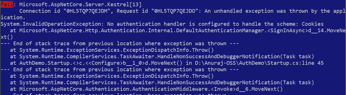 No authentication handler is configured to handle the scheme Cookies