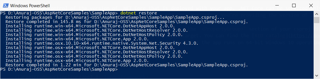 dotnet restore command output
