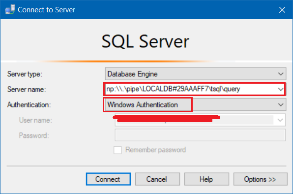 Local DB - Connect to Server Dialog