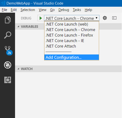 Debugging configuration selection in VSCode