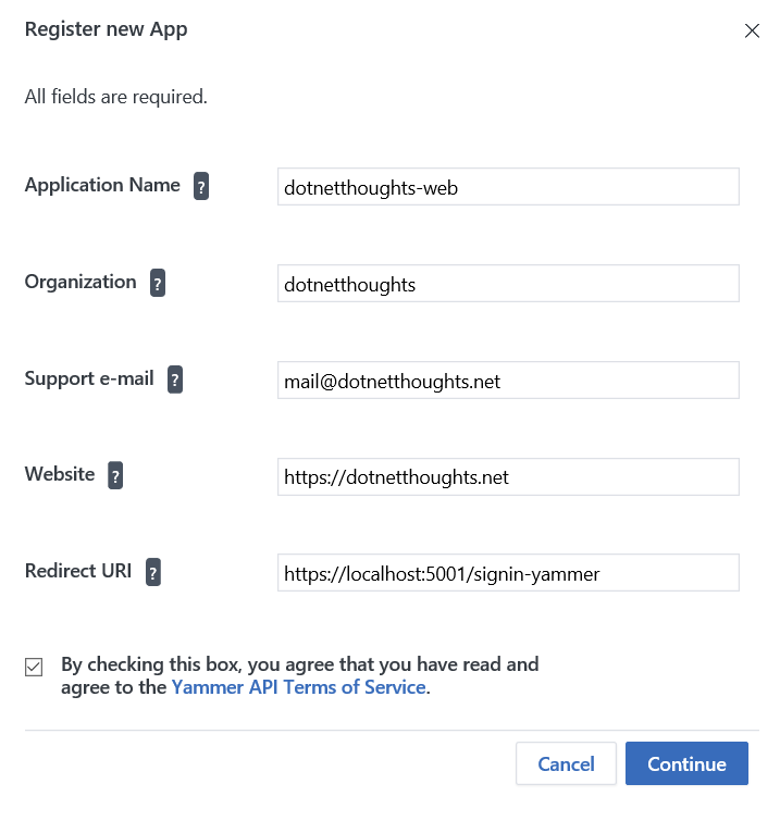 Creating a new Yammer App