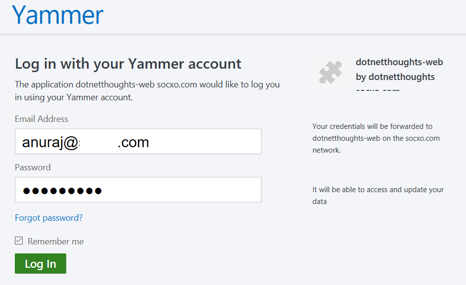 Yammer authentication dialog