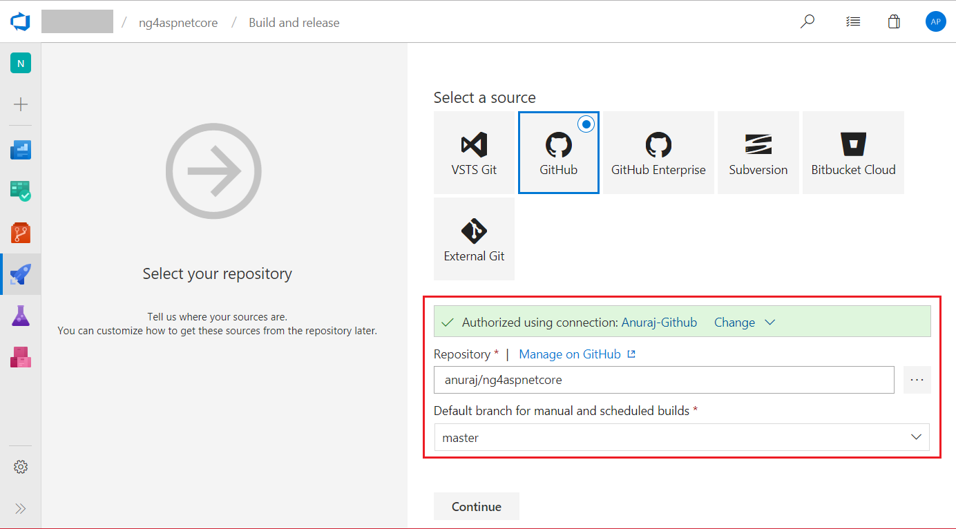 Select repository option in VSTS