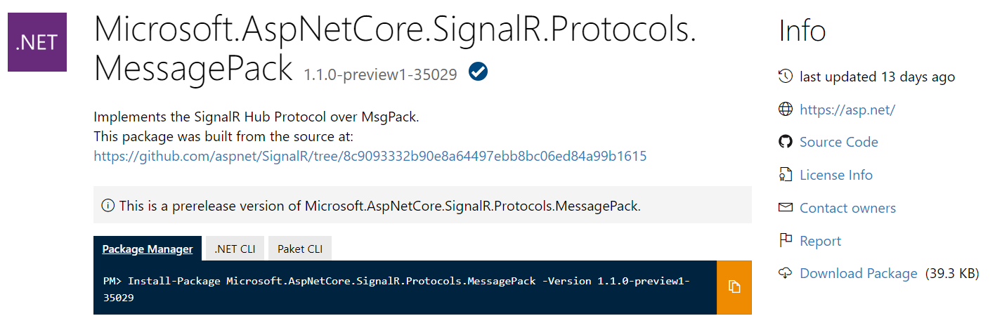 ASP.NET Core MessagePack NuGet package