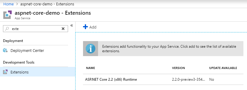 Azure Web App - Extension Installed.