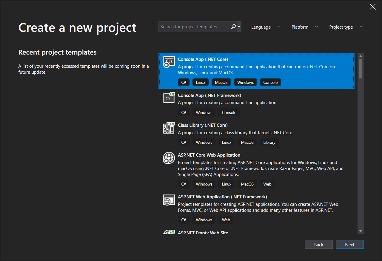 Create new project screen