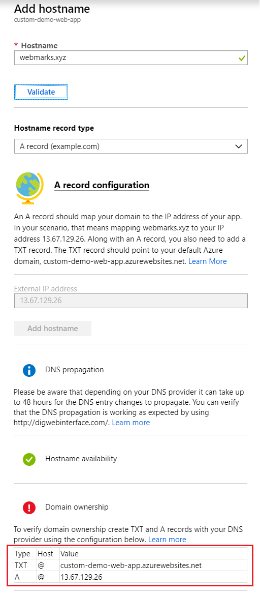 Custom domain configuration in Azure Web app