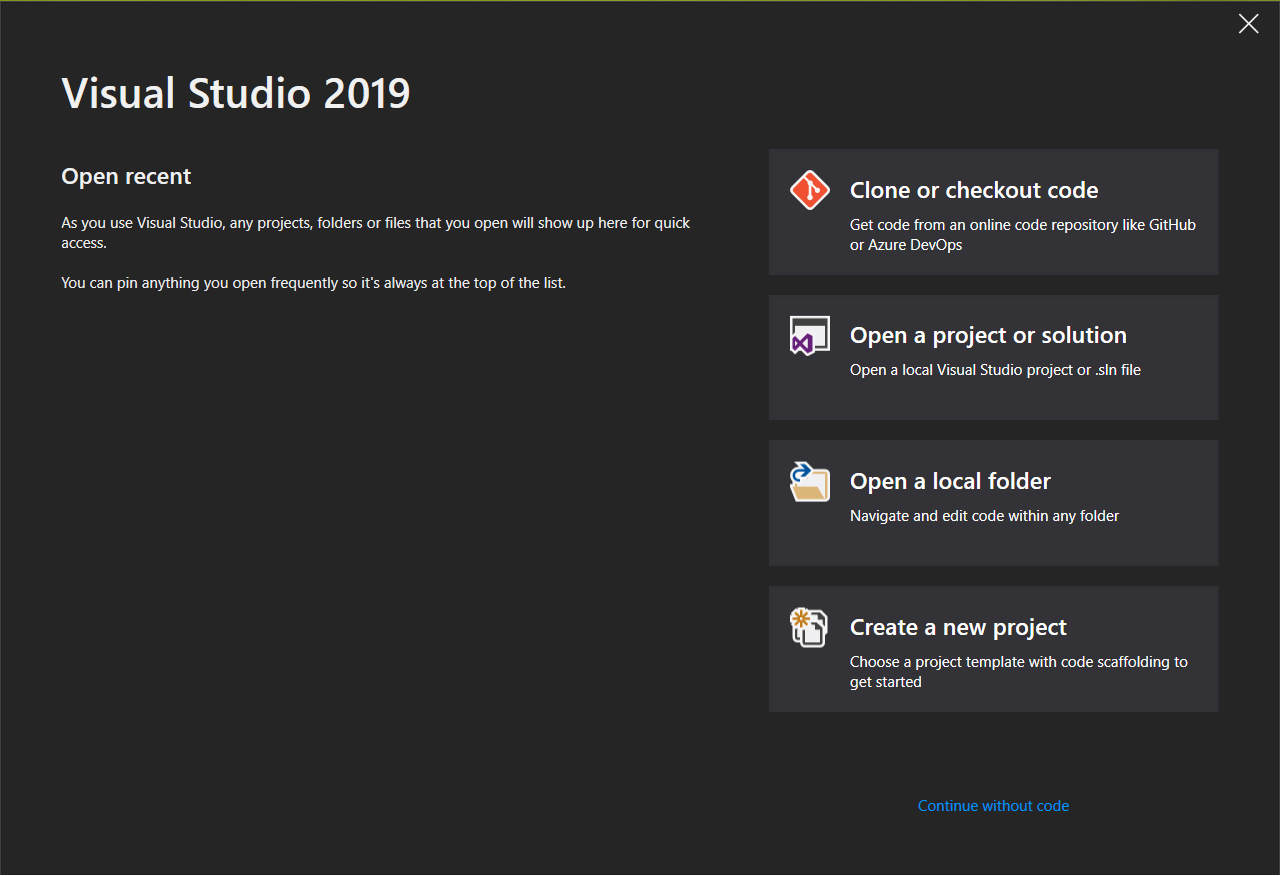 Visual Studio 2019 First Screen