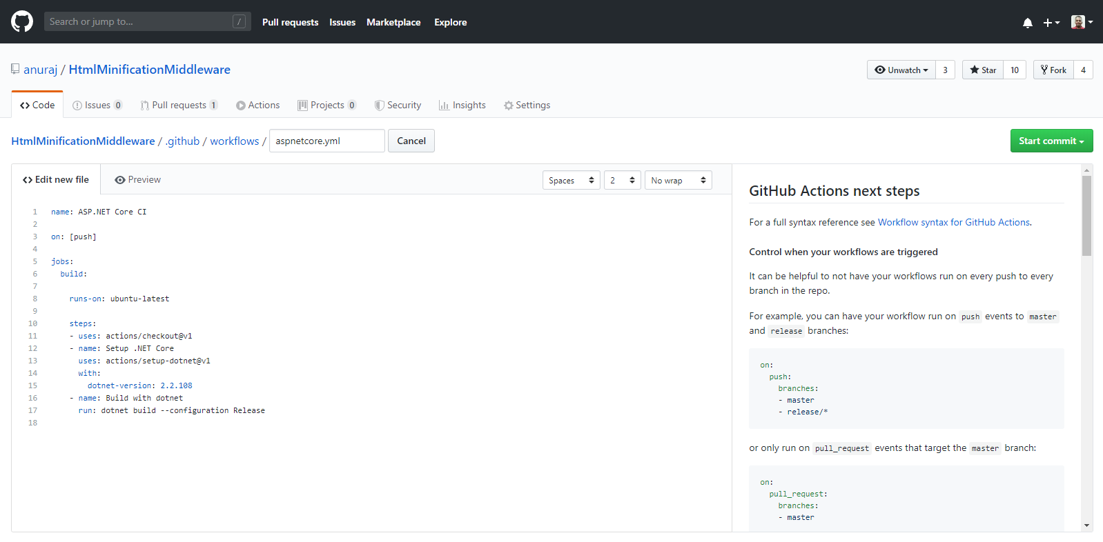 GitHub Actions - ASPNET Core Workflow - Yaml file.