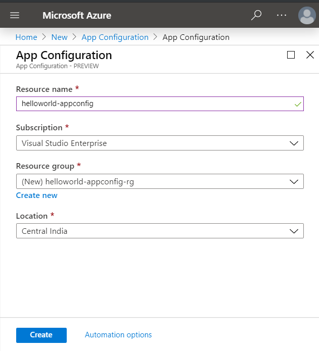 Create new Azure App Configuration