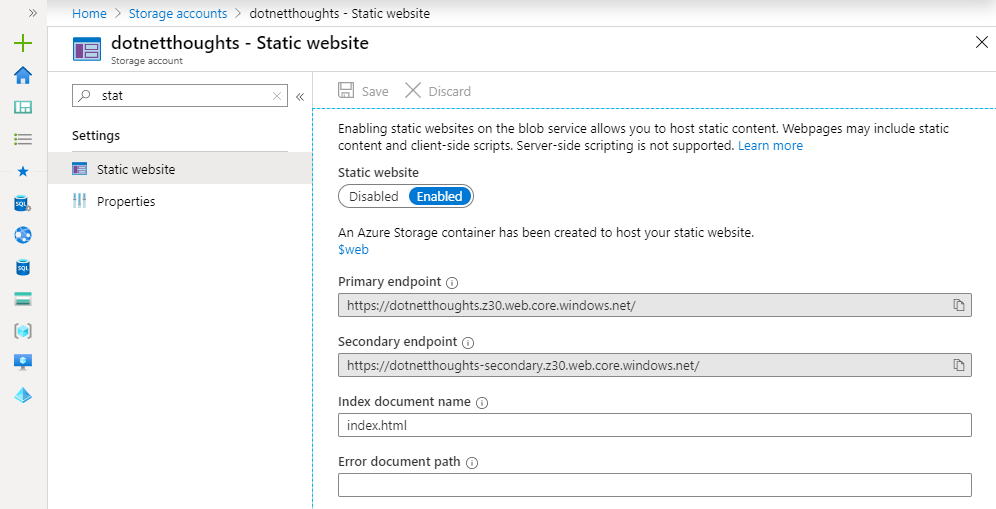 Azure App Service - Static website enabled