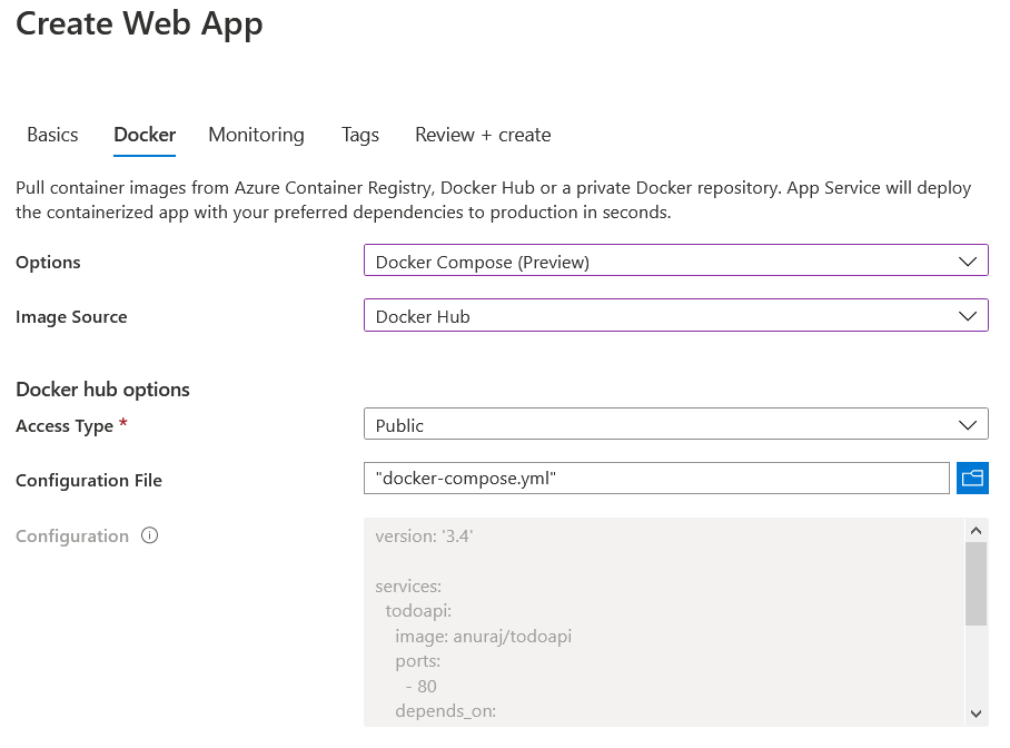Create Web App - Docker configuration