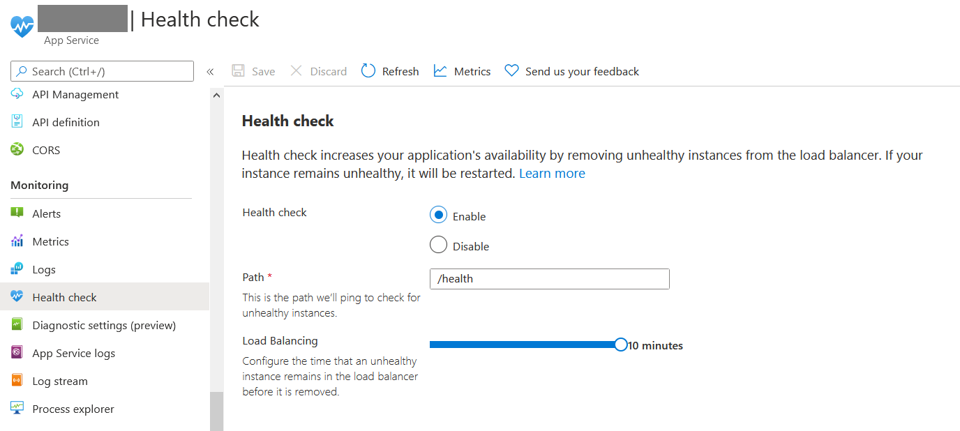Enable Health Check in Azure App Service