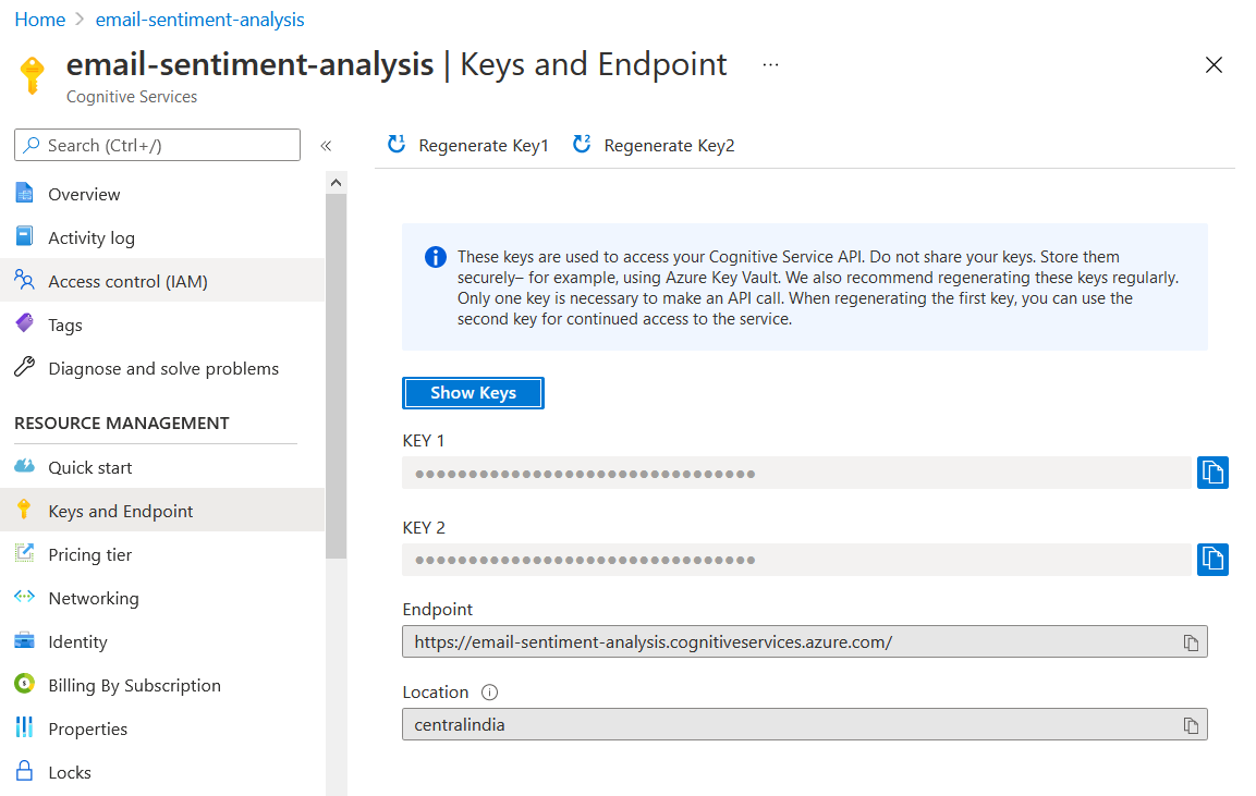 Text Analytics - Keys and Endpoint