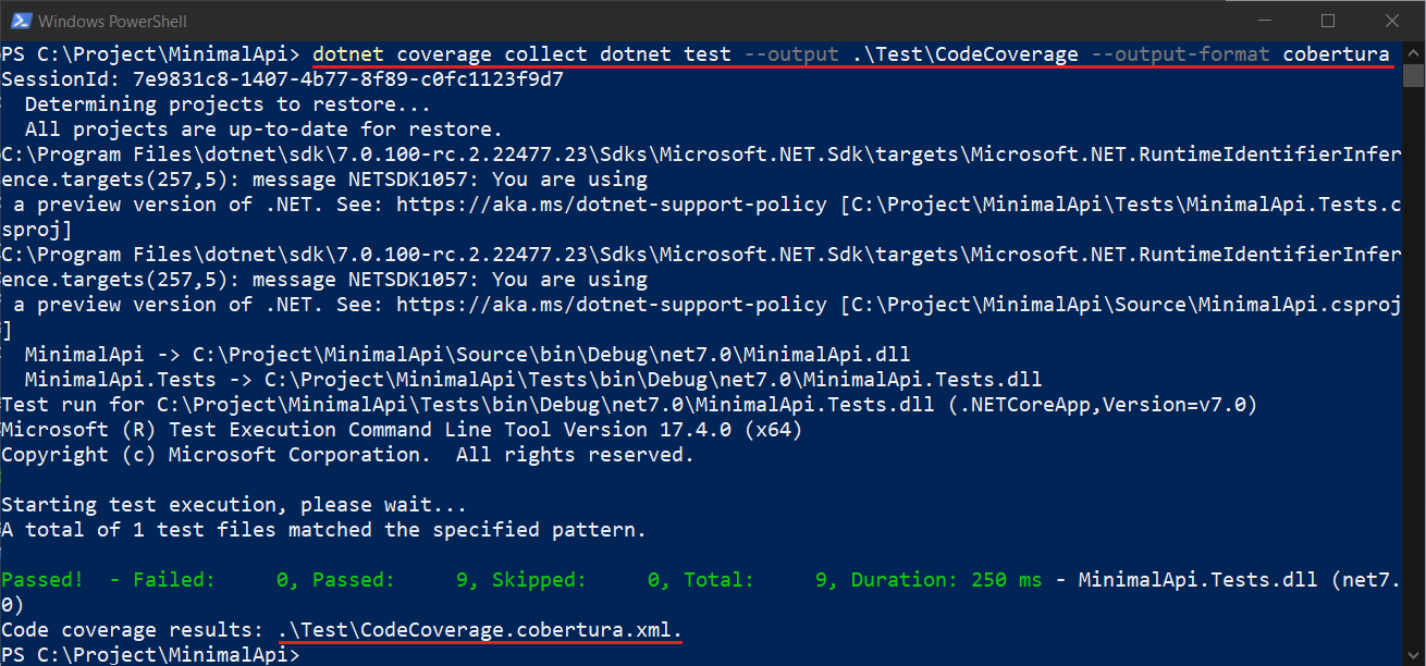 dotnet coverage command output