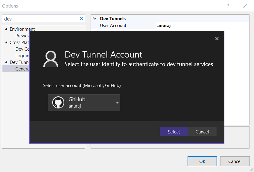 Select user to use dev tunnels