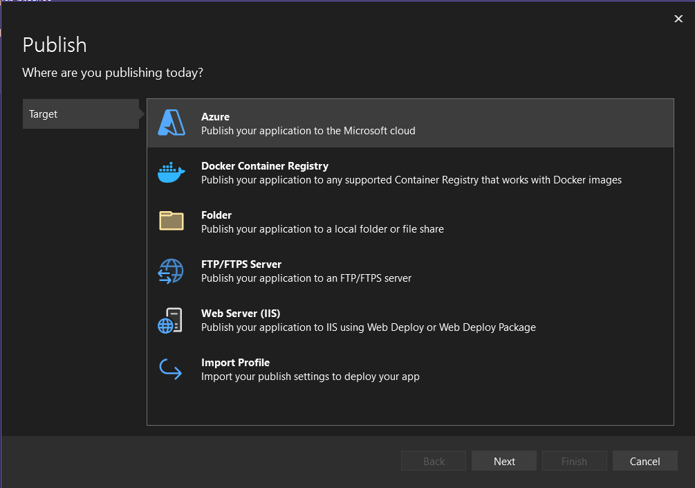 Visual Studio Publish - Select Azure