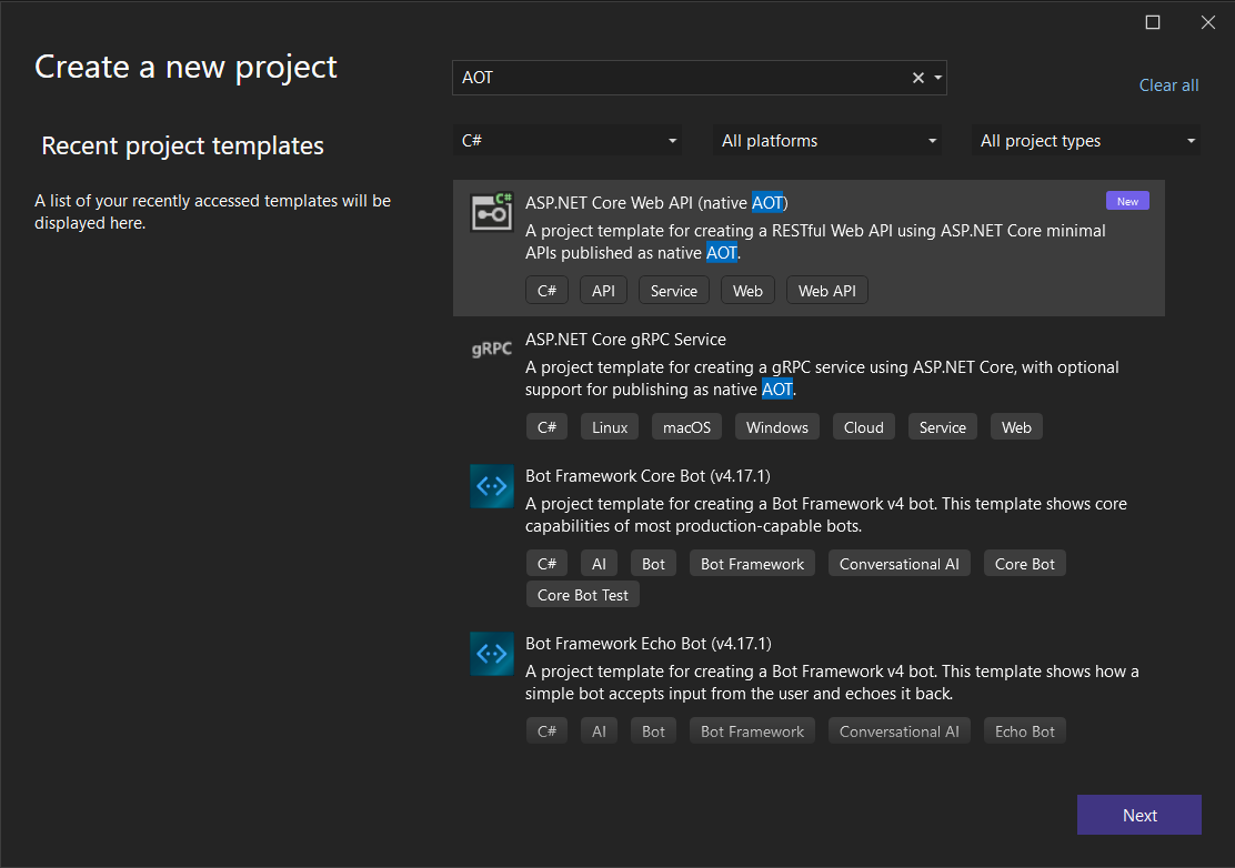 Visual Studio 2022 - New Project - Framework