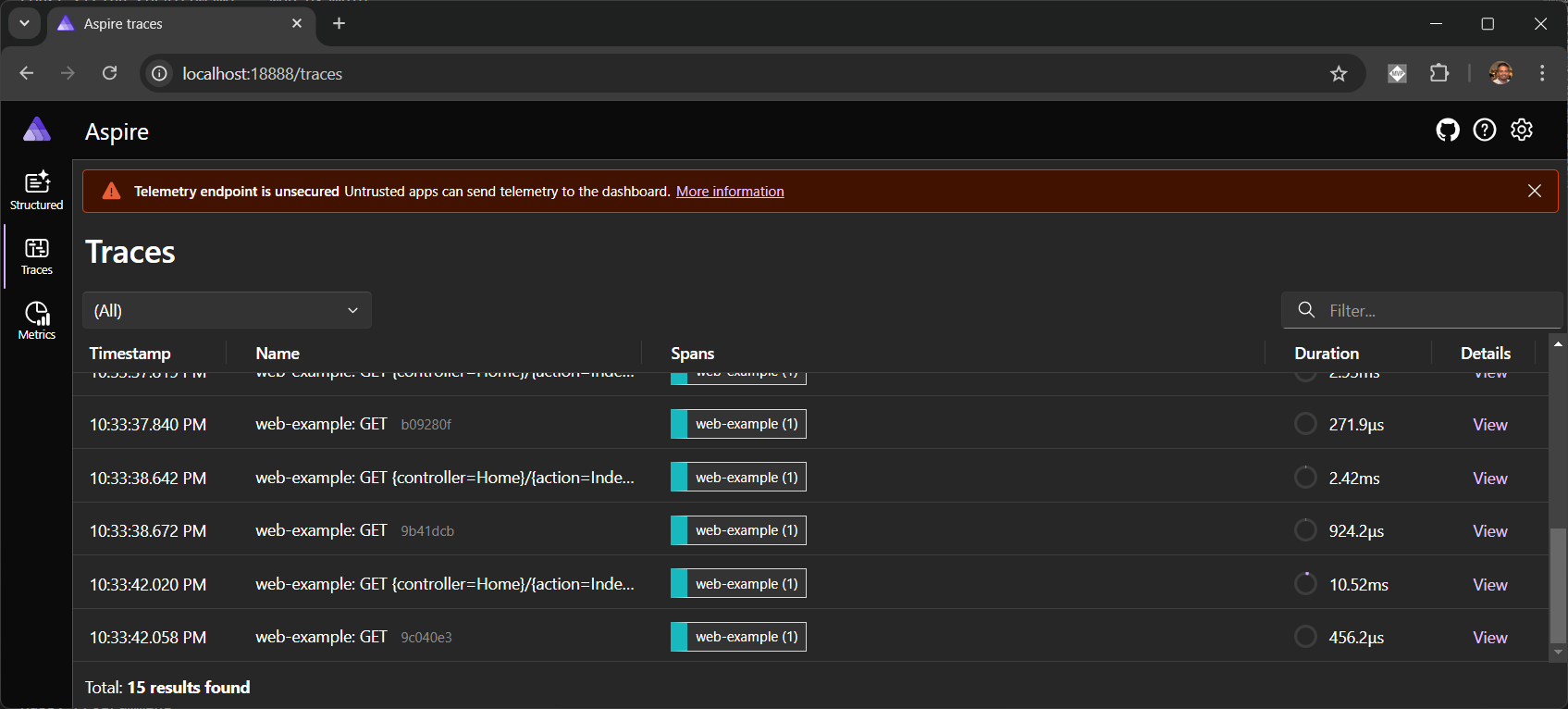 Aspire Dashboard Running