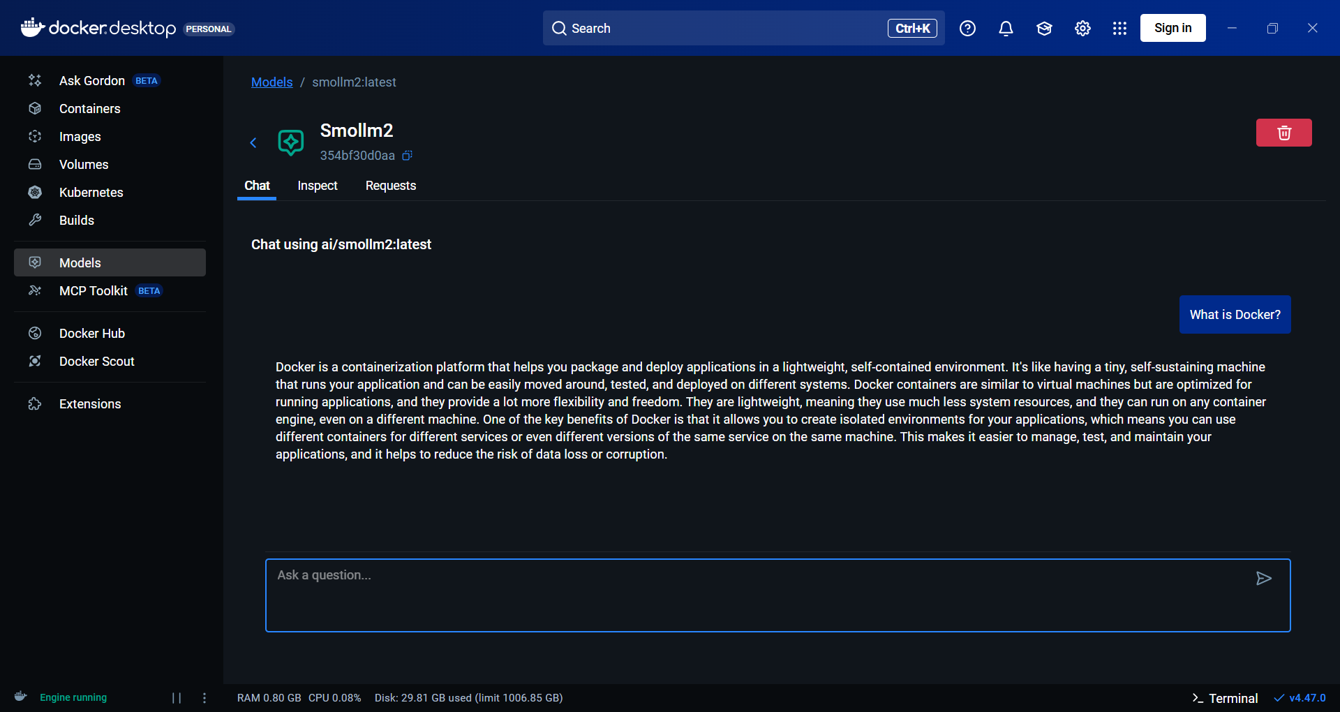 Chat with model using Docker.