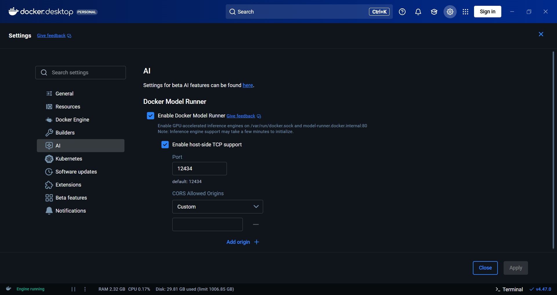 Docker Model Runner settings.