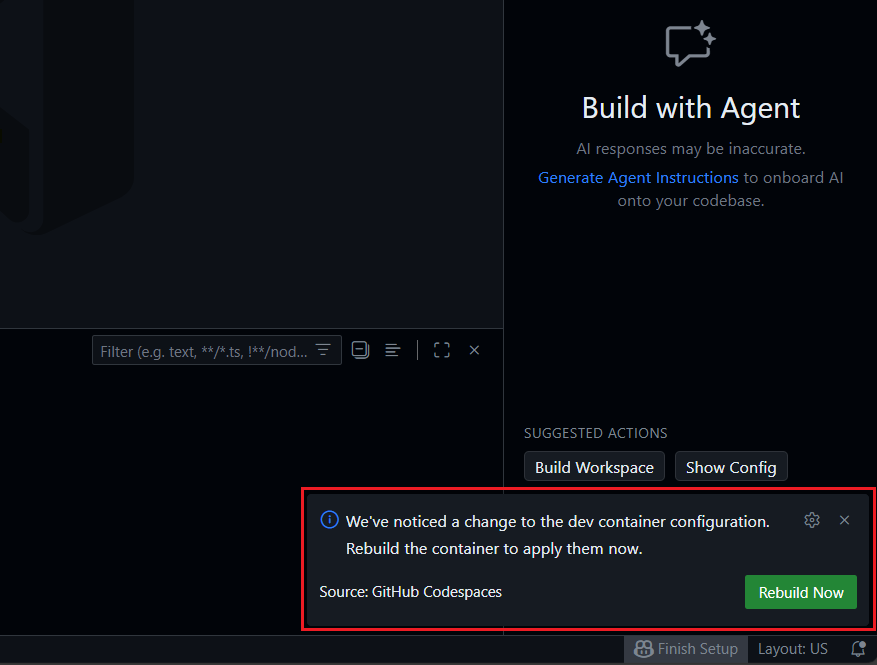 GitHub Codespaces Rebuild confirmation.
