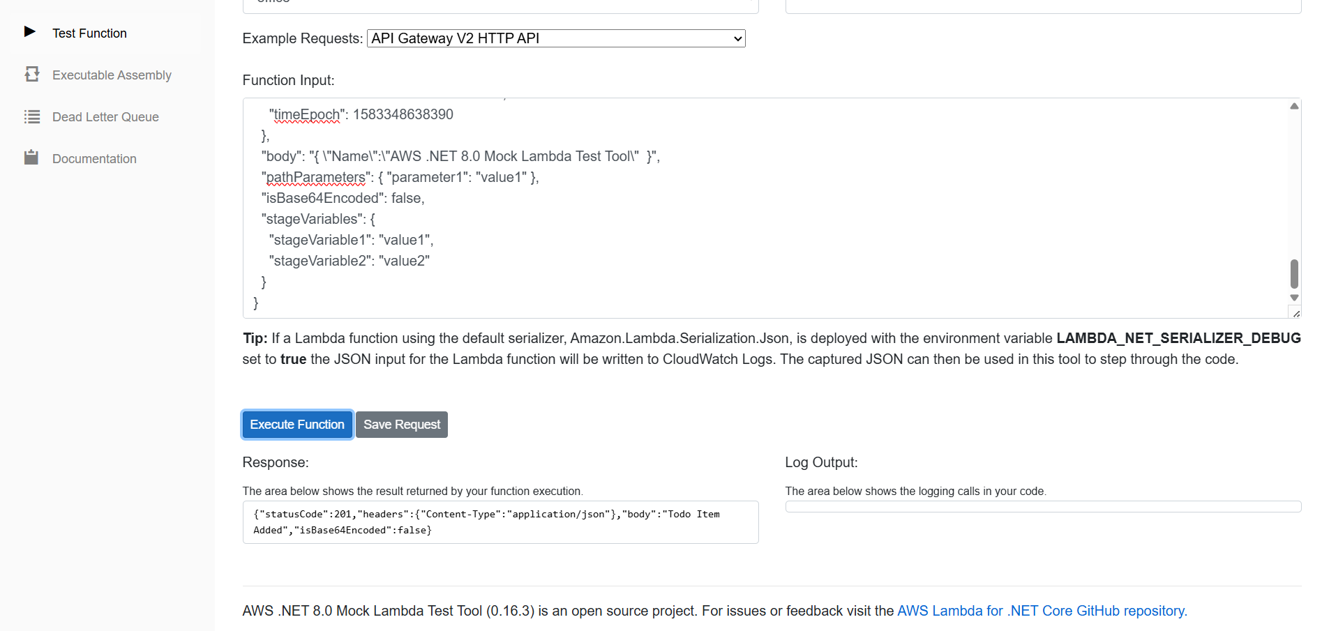 AWS .NET 8.0 Mock Lambda Test Tool with Success Response