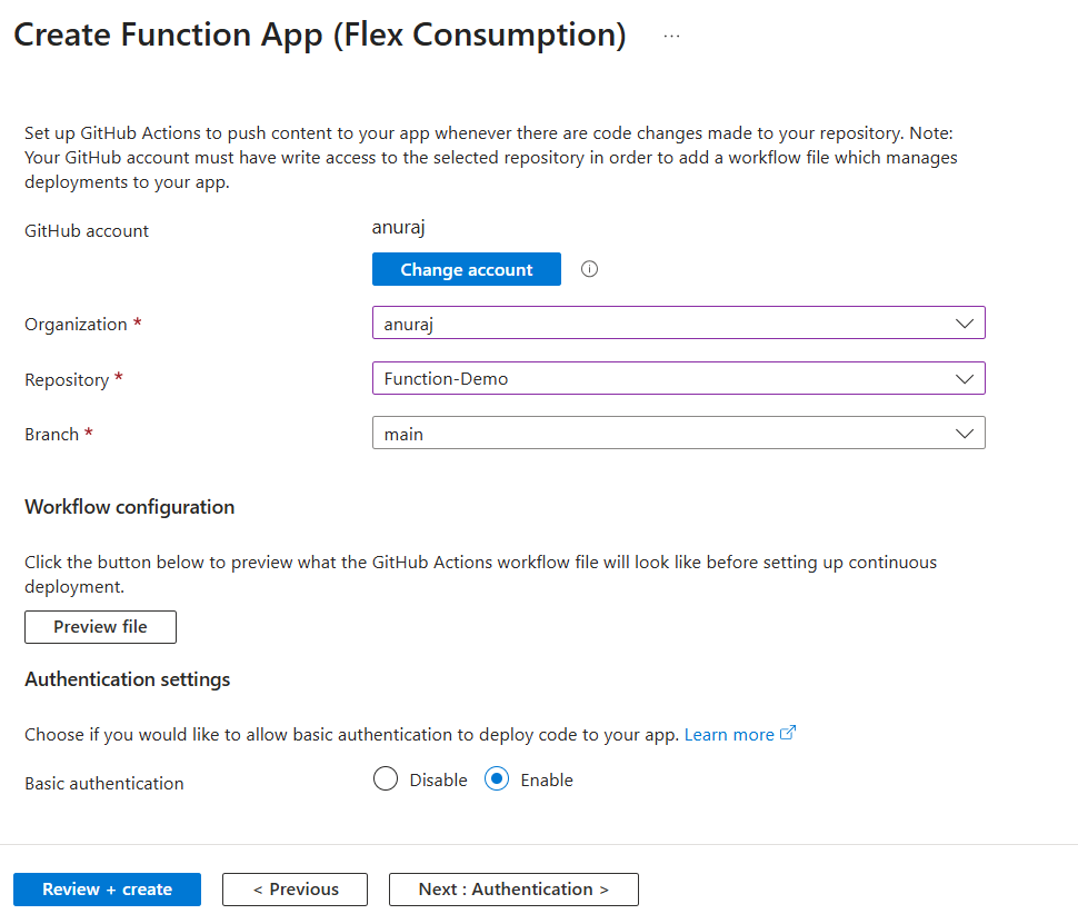 Create new Azure Function - Deployment option
