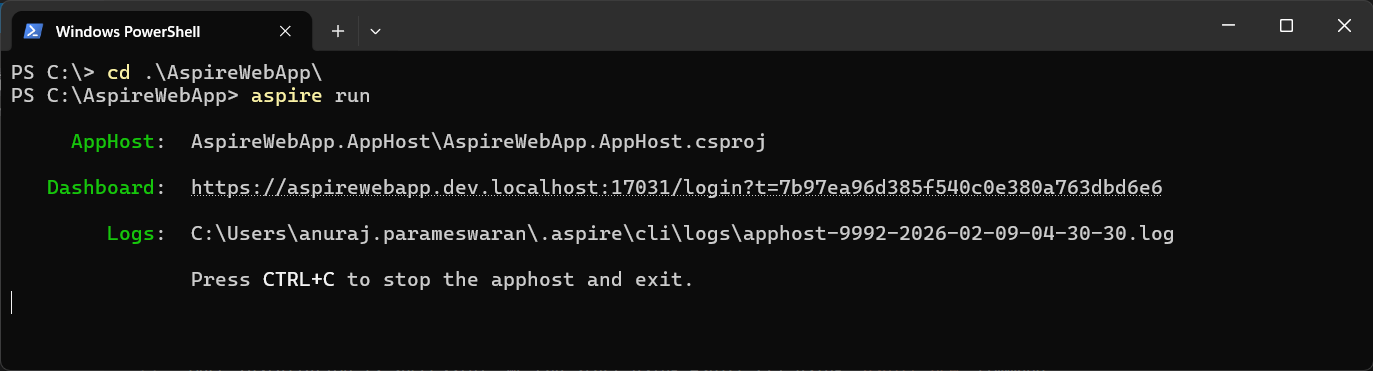 Aspire CLI run command