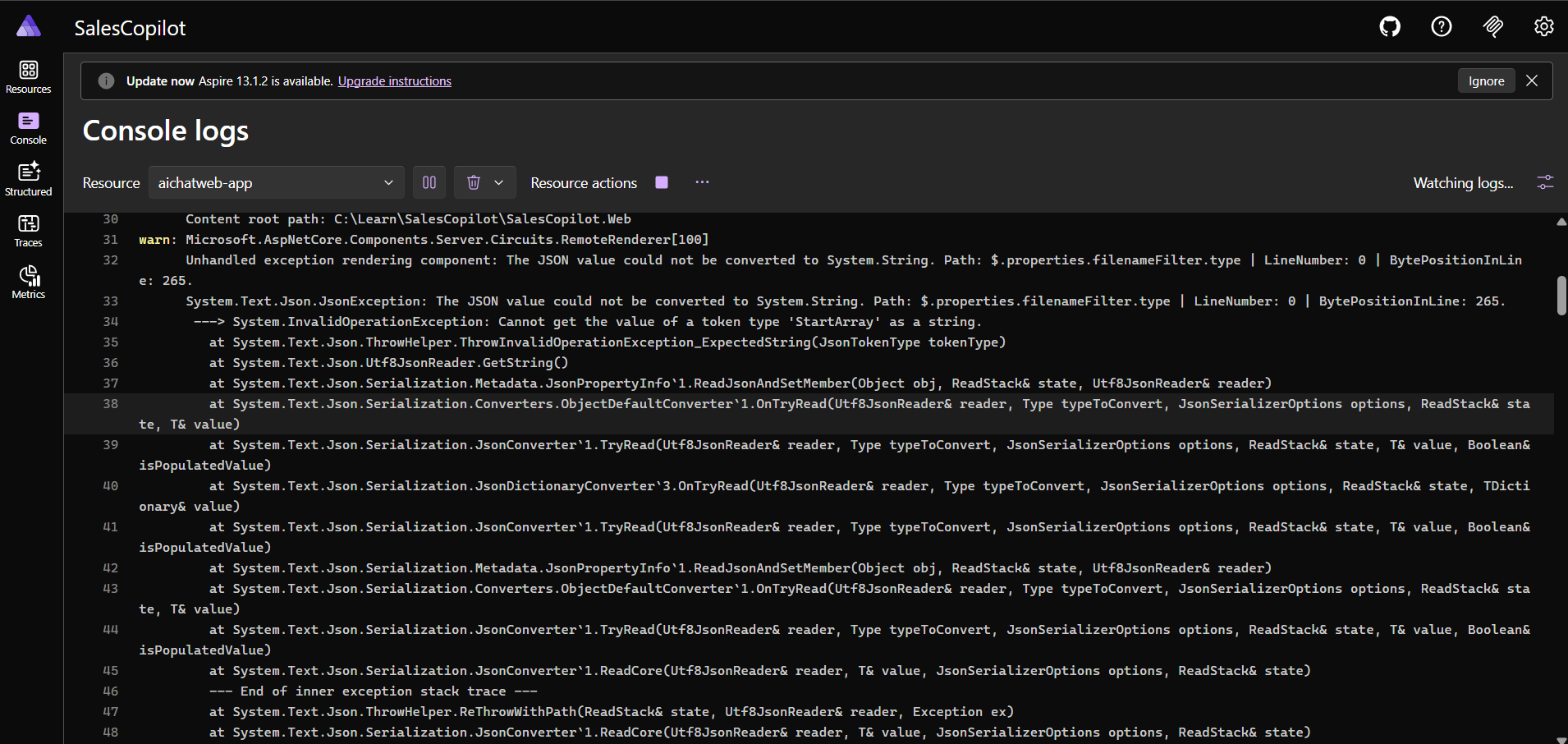 Aspire Dashboard - Error Logs