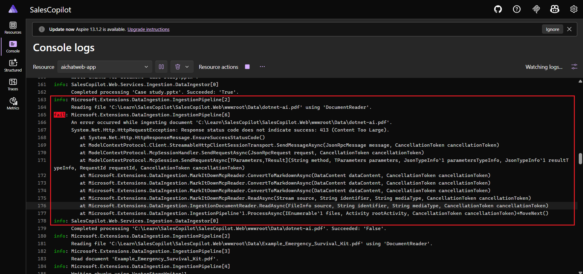 .NET Aspire Dashboard - PDF Ingestion failed