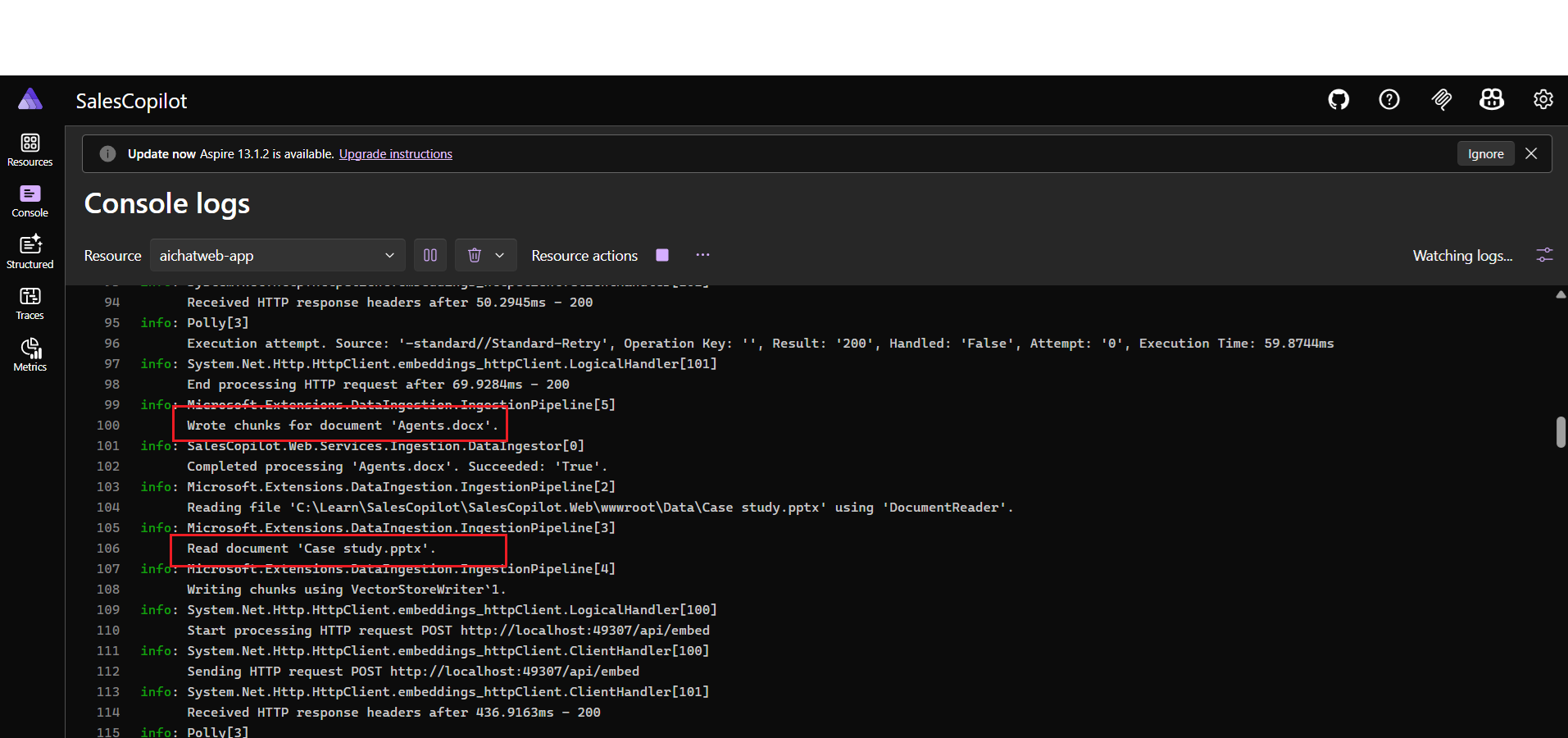 .NET Aspire Dashboard - Ingestion logs