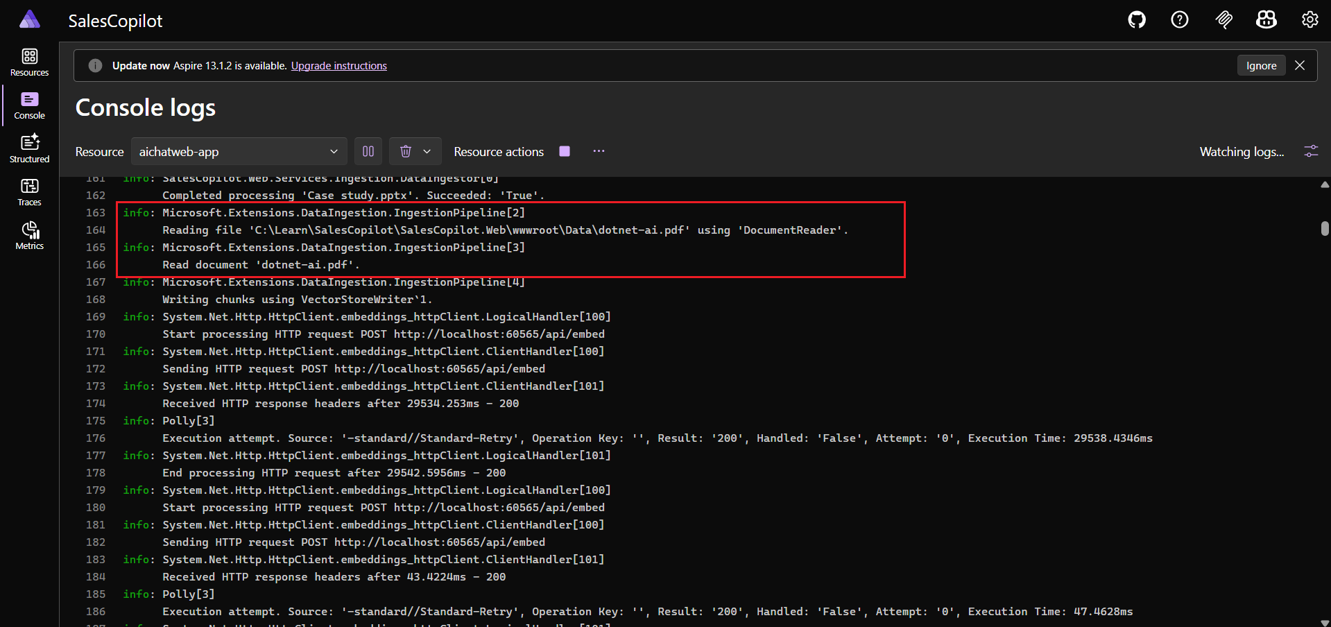 .NET Aspire Dashboard - PDF Ingestion successful